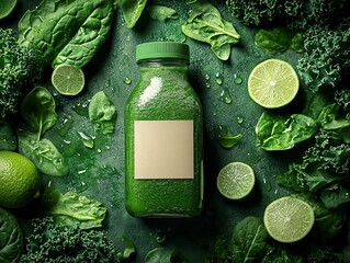 Wall Mural - A fresh green smoothie bottle surrounded by leafy greens and lime slices, showcasing vibrant colors and healthy ingredients.