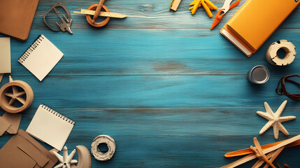 Poster - A vibrant workspace showcasing various crafting materials, including paper, tools, and decorative items, all set against a striking blue wooden background