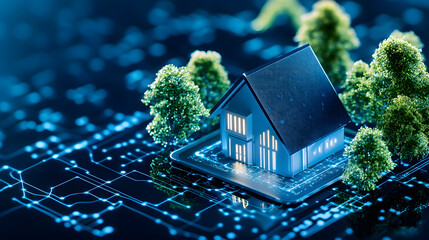 Aufkleber - A digital model of a home surrounded by green trees, set against a backdrop of glowing circuit patterns, symbolizing smart technology in real estate