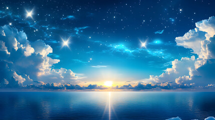 Poster - A serene seascape at dusk, featuring a vibrant sky filled with stars, clouds, and a radiant sunset reflecting on the calm ocean waters