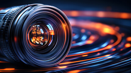 Poster - A close-up of a camera lens reflecting vibrant colors against a dark, abstract background, showcasing intricate details and a modern aesthetic