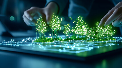 Aufkleber - A person interacts with a glowing, digital landscape, featuring vibrant green trees, showcasing a blend of technology and nature