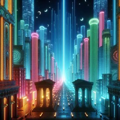 Poster - neon dreams a cityscape with towering skyscrapers and neon light