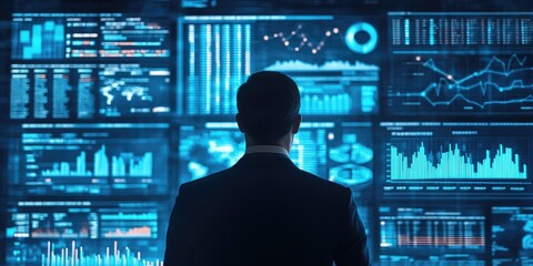 Fototapete - Business Professional Analyzing Data on Digital Dashboard with Graphs and Charts in Dark Environment