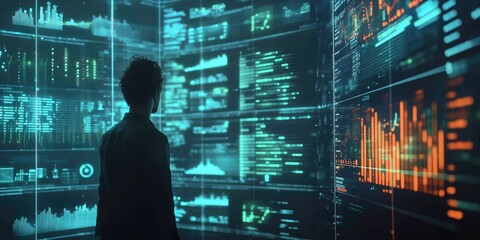 Aufkleber - Person Analyzing Large Data Visualizations on Digital Screens in a Modern Analytics Environment