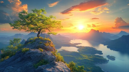 Poster - Solitary tree on mountain peak at sunset over lake and valley.