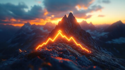 Wall Mural -  mountain peak illuminated by a glowing line, symbolizing a rising trend at sunset.