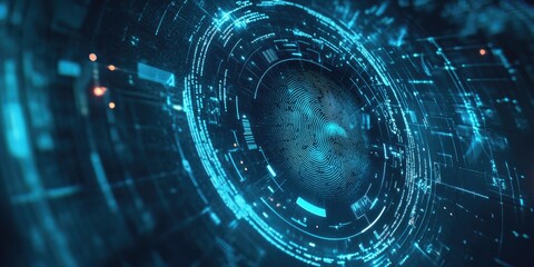 Poster - Abstract digital fingerprint concept with futuristic technology and glowing blue high-tech elements on dark background