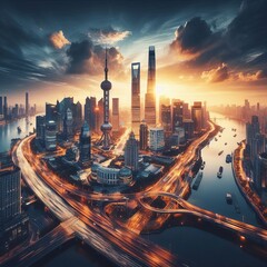 Poster - panoramic view of a bustling city skyline capture the energy and