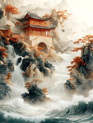 Wall Mural - A light green and gold styled landscape of the Song Dynasty China with foreground waves