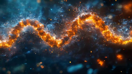 Poster - A glowing, fiery DNA strand floating in a cosmic-like environment, symbolizing genetic research or molecular science breakthroughs