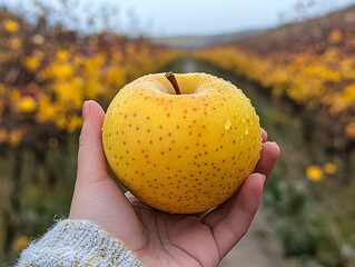 Wall Mural - A hand holds a large, yellow apple in an orchard with rows of trees featuring autumn foliage in the background.