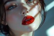 © Ирина Курмаева - A woman with long red nails, perfectly shaped lips, and beautiful, glowing skin. Her lips are glossy with lipstick. The photograph is a close-up, with a sharp focus and high resolution.
