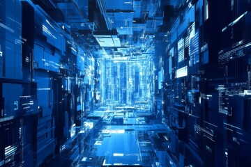 Poster - A mesmerizing tunnel of blue and black geometric patterns, evoking a futuristic digital landscape.