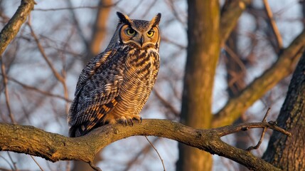 a great horned owl perched on a branch in a forest with soft light shining through the trees behind 