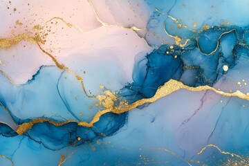 Poster - Abstract watercolors with soft pink, blue, and gold highlights creating a dreamy background ideal for design projects, websites, and artistic presentations.