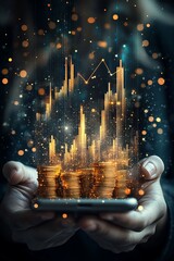 Poster - Hands Holding Smartphone With Holographic Stock Market Graph And Gold Coins, Investment Concept