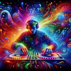 Poster - psychedelic dj a dj mixing music rendered in a vibrant energetic