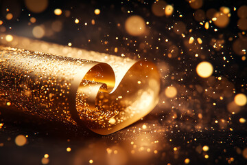 Poster - A golden enchanted scroll floats gracefully in mid-air, releasing sparkling light and creating a magical atmosphere
