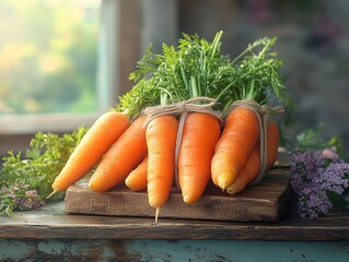 Wall Mural - Freshly harvested carrots bundled with green tops, resting on a rustic wooden surface, surrounded by a soft, natural light.