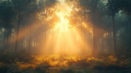 Sticker - Sunbeams illuminate a misty forest path.