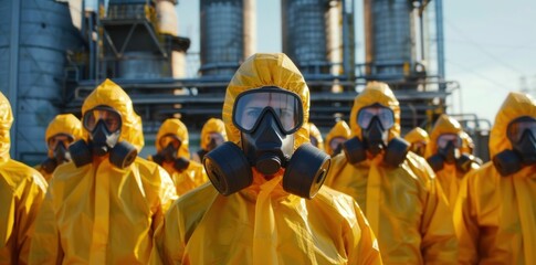 Safety, protection, workers, yellow suits, industrial site, gas masks, teamwork, environmental safety, chemical factory, hazardous materials, safety equipment, personnel in protective gear