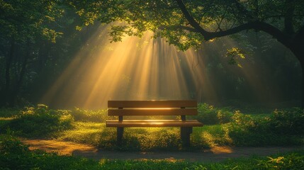 Wall Mural - Sunbeams illuminate empty park bench.