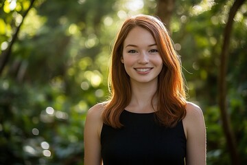 Wall Mural - Happy redhead woman smiling outdoors.