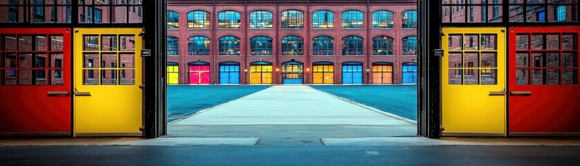 Poster - Vibrant Entrance of an Industrial Building with Colorful Windows and Open Doors Inviting Exploration and Creativity