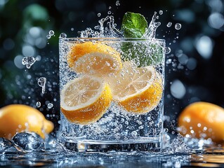 Wall Mural - A refreshing glass of sparkling water with lemon slices and mint, creating a vibrant splash effect against a blurred background.