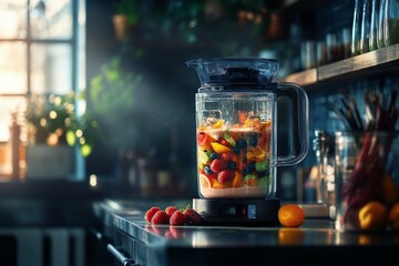 Wall Mural - A vibrant blender filled with colorful fruits sits on the countertop. The kitchen is alive with light and warmth creating a cozy atmosphere. Generative AI