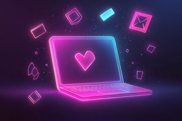 Poster - Neon Laptop Design with Heart Symbol Surrounding by Creative Digital Elements and Shapes for Technology, Love, and Innovation Themes