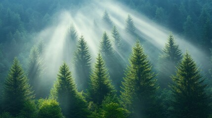 Wall Mural - Sunbeams illuminating misty evergreen forest.