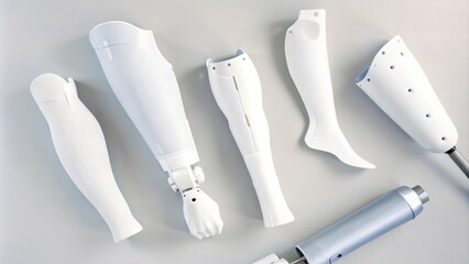 An overhead view of a diverse array of prosthetic limbs in various stages of printing highlighting the versatility of 3D manufacturing technology.