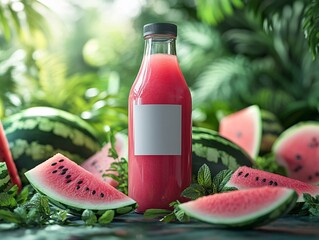 Wall Mural - A vibrant watermelon juice bottle surrounded by fresh watermelon slices and green foliage, showcasing a refreshing summer vibe.