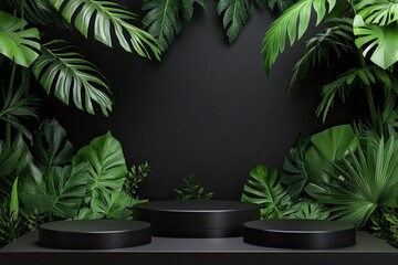 Black abstract stage with three circle podiums mockup, fresh tropical green leaves, template for presentation cosmetic products, goods, design, advertising, sale, in elegant summer rich modern style.