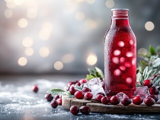 Wall Mural - A vibrant bottle of cranberry juice surrounded by fresh cranberries and leaves, set against a softly blurred background.