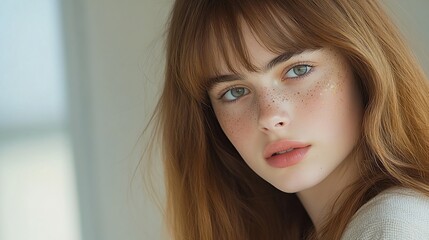 Wall Mural - Portrait of a young woman with freckles and expressive eyes.