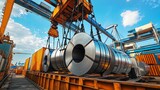 Crane lifts steel coils at a busy port