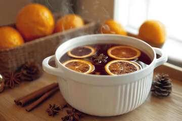 Canvas Print - a steaming pot of mulled wine garnished with