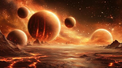 fiery alien planets in a scorching galaxy landscape.