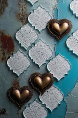 Wall Mural - Gold Hearts with White Craquelure Tiles  Decorative Art