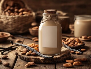 Wall Mural - A rustic scene featuring a glass jar of almond milk amidst almonds and vanilla pods, set on a wooden background.