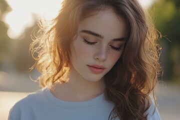 Wall Mural - Serene young woman with freckles, wavy hair, and closed eyes, bathed in golden sunlight.