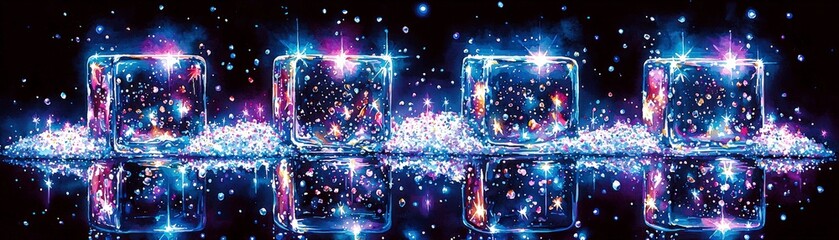 Poster - Sparkling Colorful Cubes with Bubbles and Glowing Effects on a Dark Background