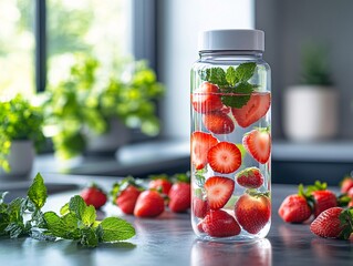 Wall Mural - A refreshing bottle of infused water with strawberries and mint, surrounded by fresh strawberries on a kitchen countertop.