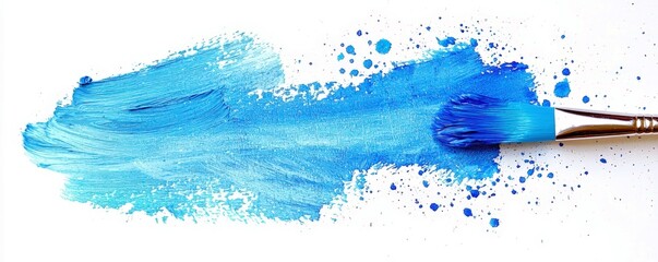 Poster - Vibrant Blue Paint Stroke and Brush Creating Artistic Expression on White Background