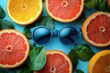© Alla - A pair of blue sunglasses surrounded by oranges and leaves, great for use in still life or product photography
