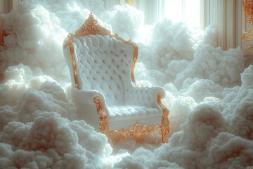 Wall Mural - A single white chair sits peacefully in a room filled with clouds, offering a sense of serenity and calmness