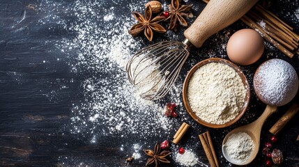 Wall Mural - Baking ingredients and spices on a rustic dark surface